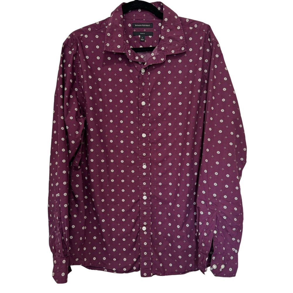 Banana‎ Republic Men's L Untucked Slim-Fit Cotton Button Down Purple Geometric